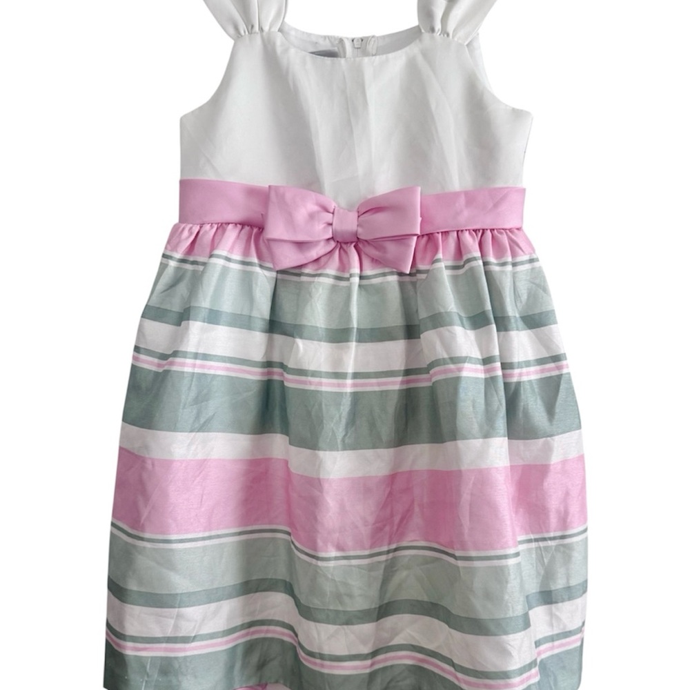 Bonnie Jean White Bodice Pink Bow Striped Dress